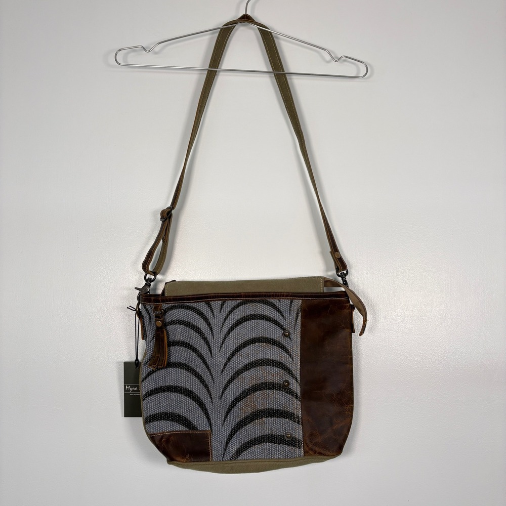 NWT Myra Bag Womens Stripy Shoulder Bag M Blue Brown Leather Canvas Crossbody
